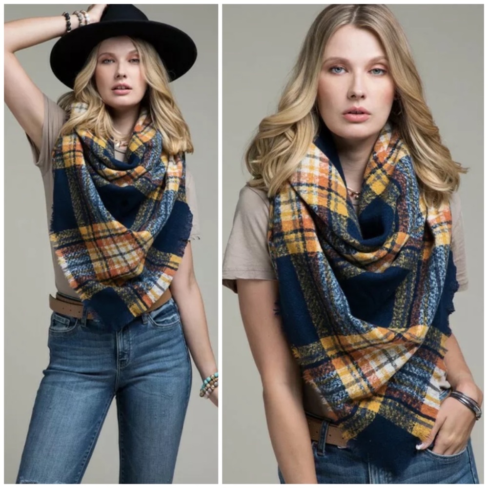 SOLD OUT Navy Glen Plaid Square Blanket Scarf - Picture 1 of 4